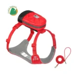 Ensemble complet pour chien avec harnais ergonomique rouge, sacoche clipsable et laisse assortie en matériaux biosourcés